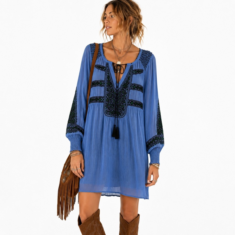 Free People Wind Willow Tunic Dress Womens M Blue Embroidered Boho Peasant